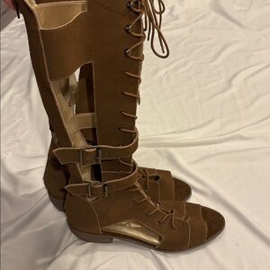 Joyfolie Knee High Lace Up Leather Gladiator Sandals